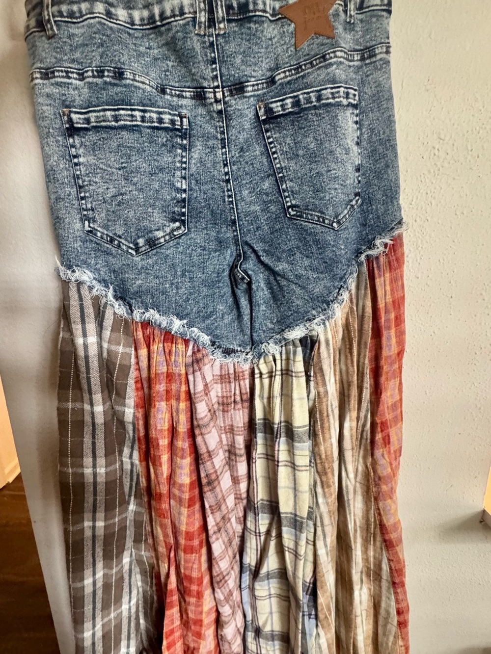 Boho Denim Patchwork pants with Plaid Ruffle - Picture 4 of 7